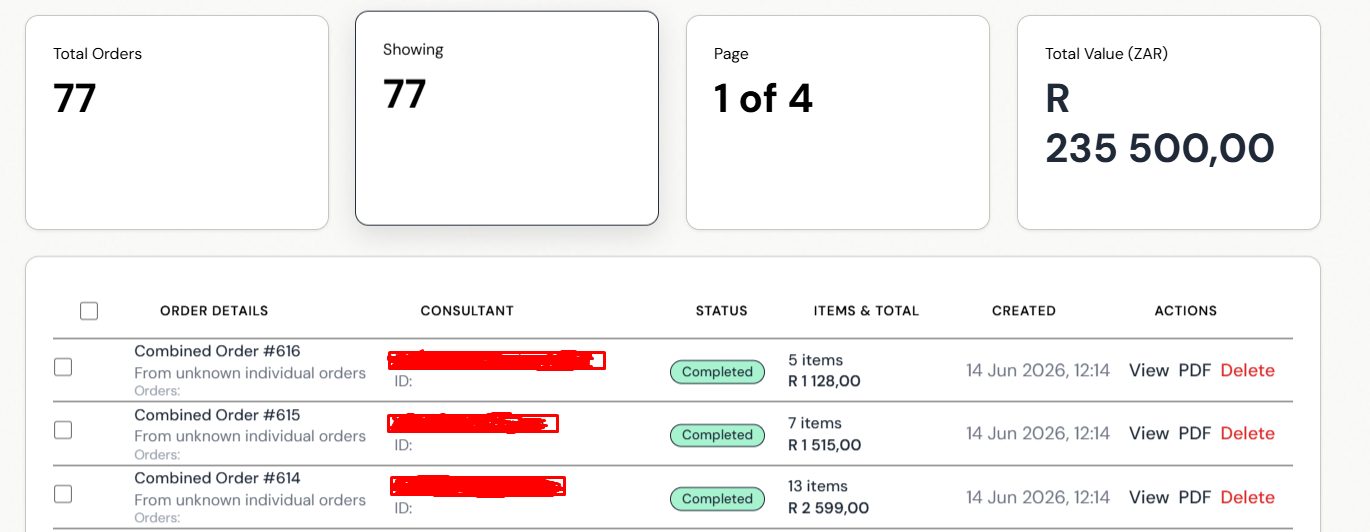 Order combination view